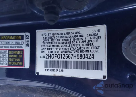 2007 Honda Civic Lx from USA, damaged, VIN 2HGFG12667H580424